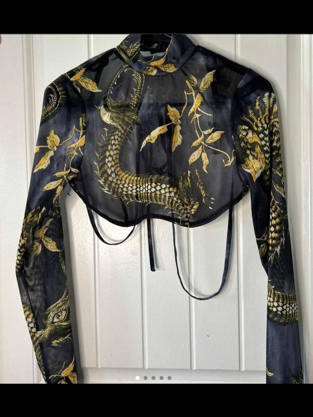 Source Unknown Black Sheer Cropped Top with Gold Dragon Print